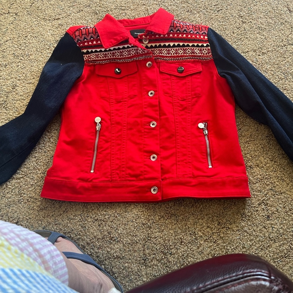 Desigual Red and Black Jean Jacket with Patterned Accents